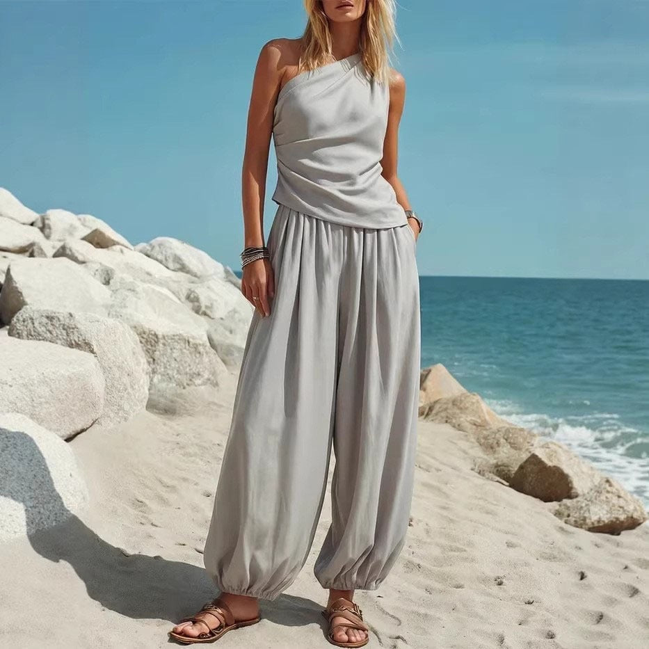 Sleeveless Vest and High Waist Loose Pants Set