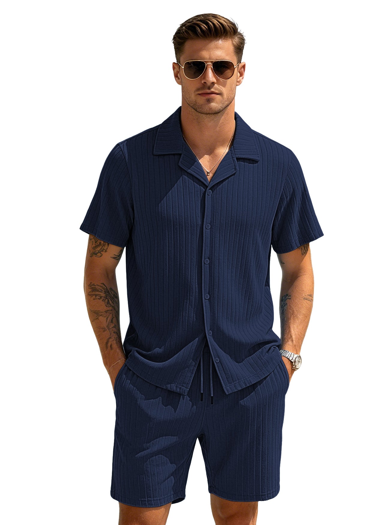 Men's Casual Button-Down Shirt and Shorts Set