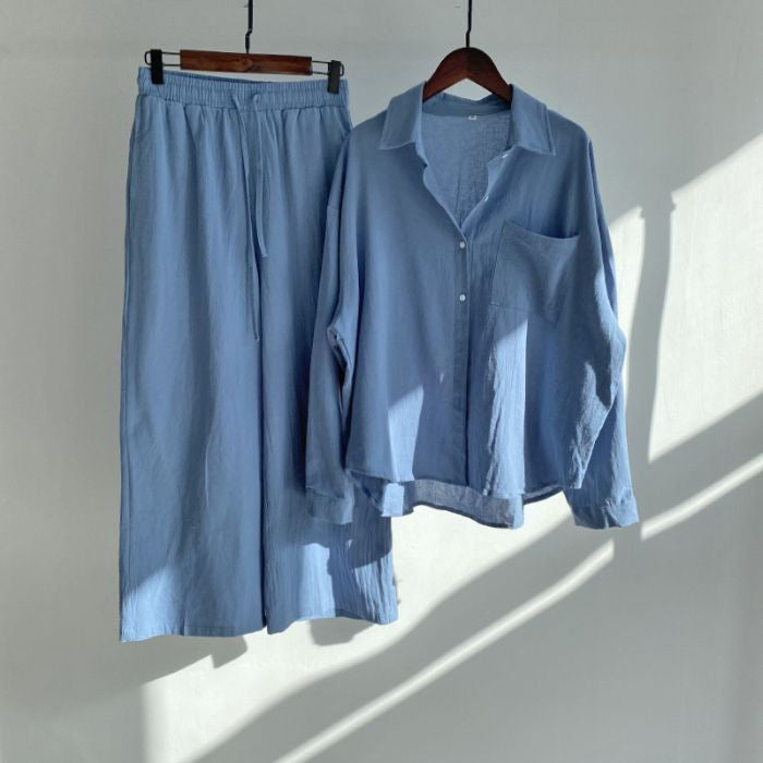 Women's Retro High Waist Cotton Linen Shirt and Pants Set