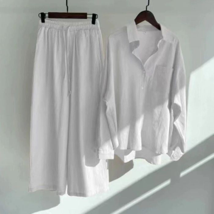 Women's Retro High Waist Cotton Linen Shirt and Pants Set