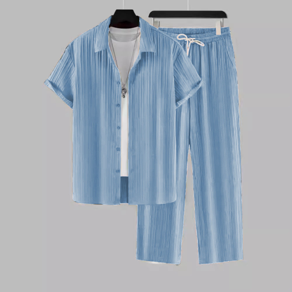 Men's Striped Short Sleeve Shirt and Drawstring Long Pants Casual Suit Set