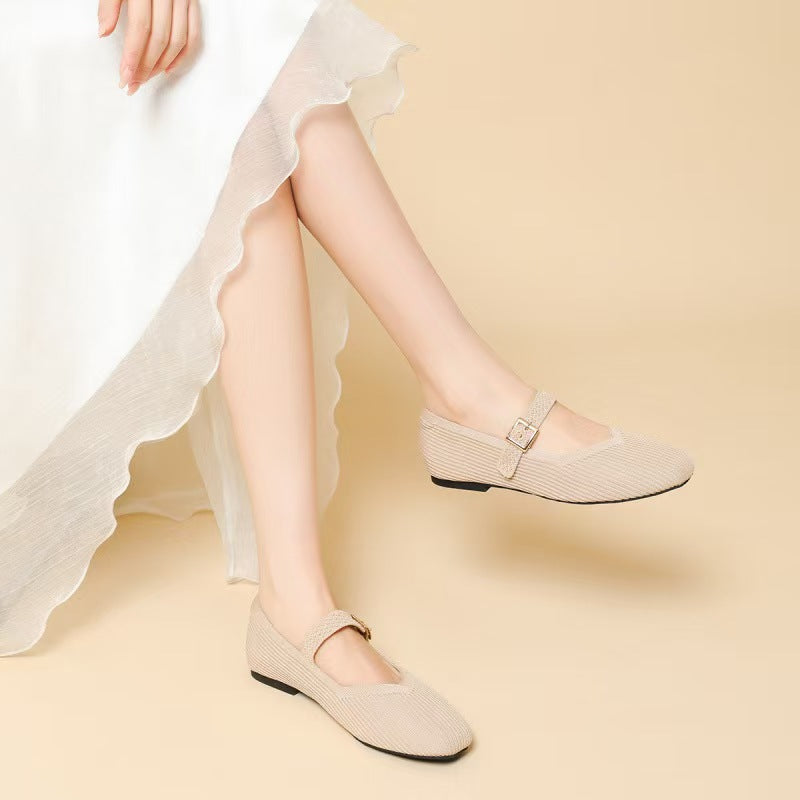Square Toe Knitted Mary Jane Flat Shoes