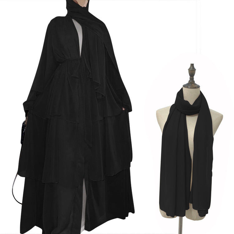 stitching three-layer chiffon elegant cardigan dress robe