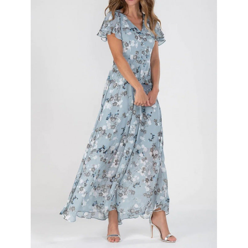Floral Print Chiffon Ruffle Dress with V-Neck