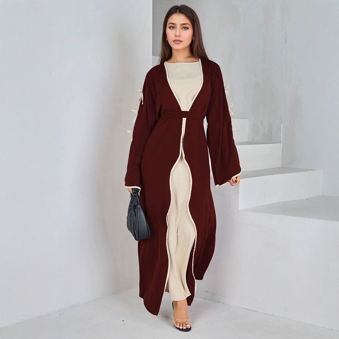 Elegant Muslim Long Robe with Bow Belt