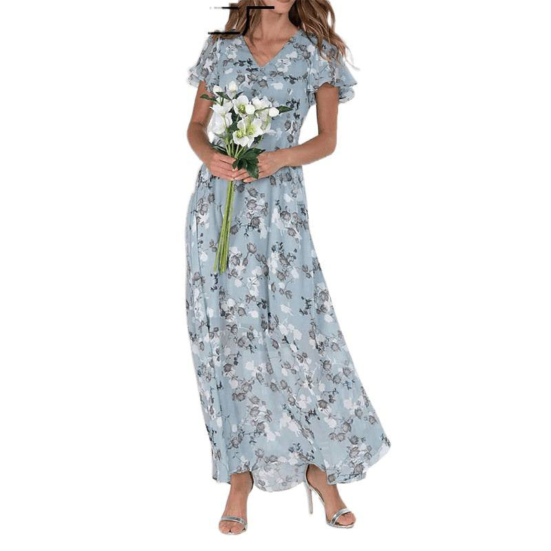 Floral Print Chiffon Ruffle Dress with V-Neck