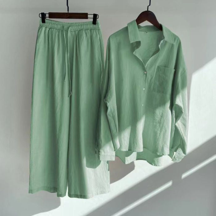 Women's Retro High Waist Cotton Linen Shirt and Pants Set