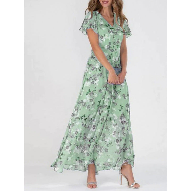 Floral Print Chiffon Ruffle Dress with V-Neck