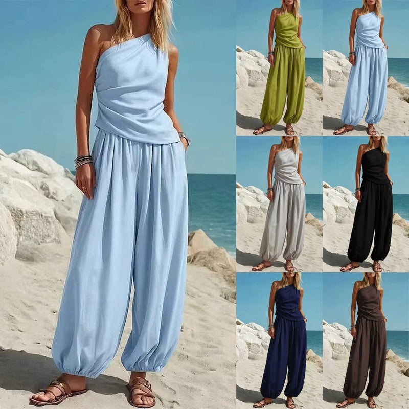 Sleeveless Vest and High Waist Loose Pants Set