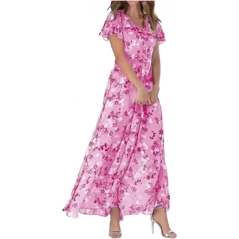 Floral Print Chiffon Ruffle Dress with V-Neck