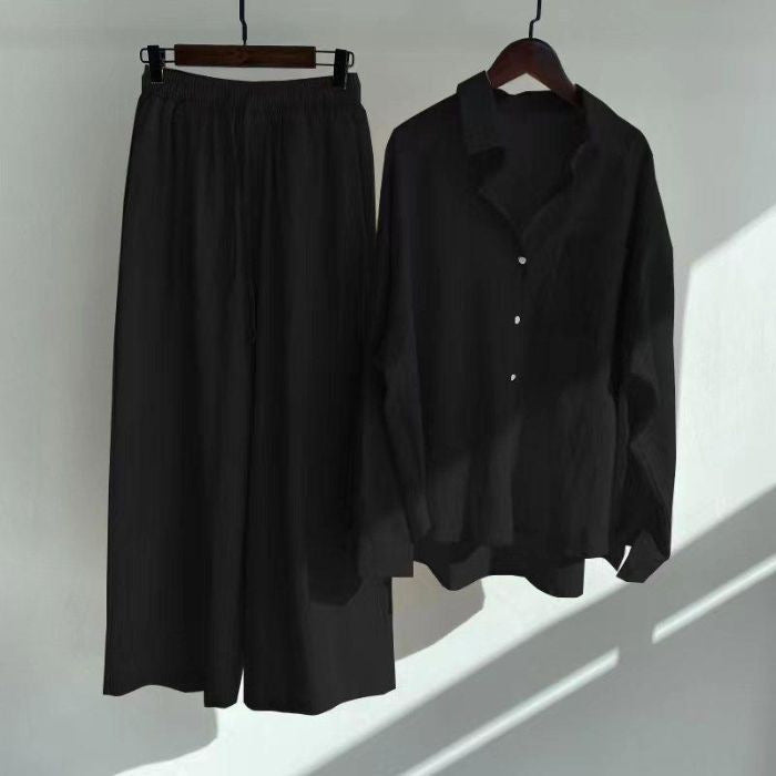 Women's Retro High Waist Cotton Linen Shirt and Pants Set