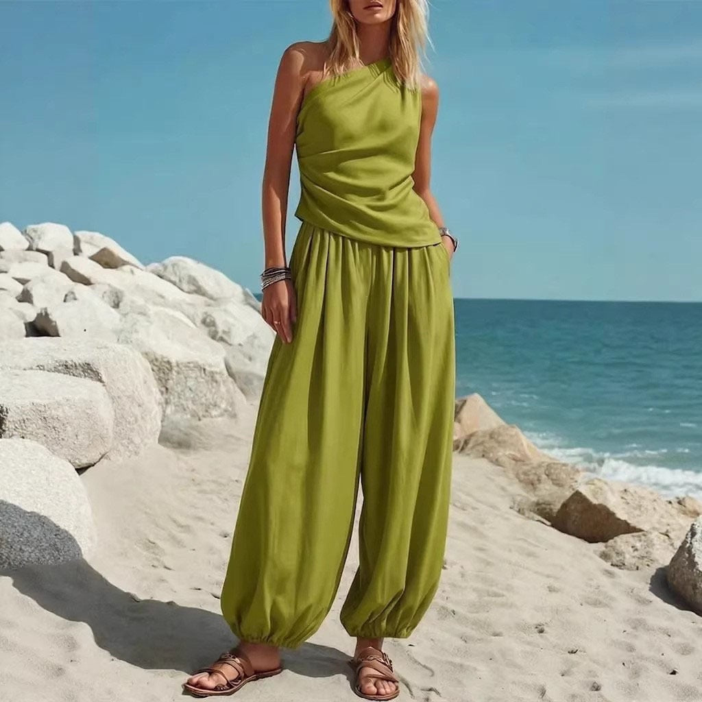 Sleeveless Vest and High Waist Loose Pants Set