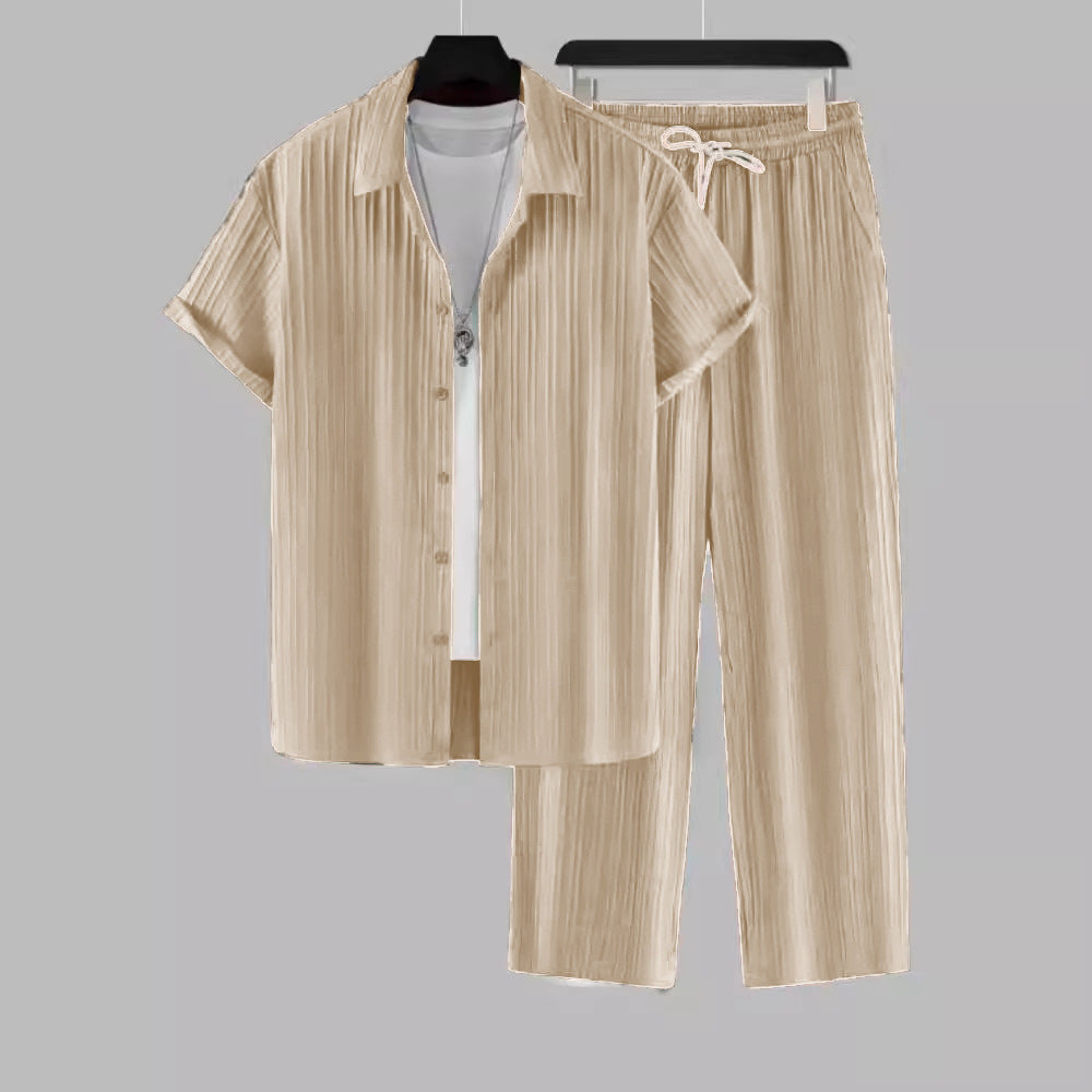 Men's Striped Short Sleeve Shirt and Drawstring Long Pants Casual Suit Set