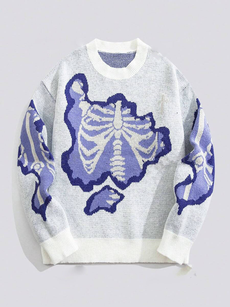 Faux Knit Skeleton Jacquard Pullover Sweater