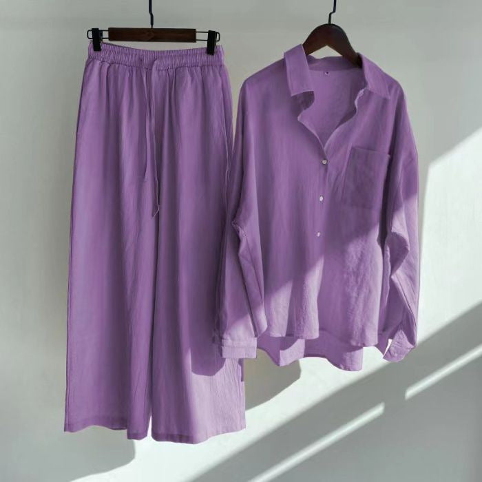 Women's Retro High Waist Cotton Linen Shirt and Pants Set