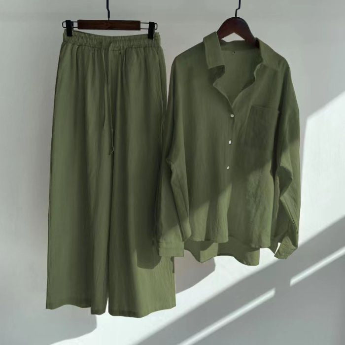 Women's Retro High Waist Cotton Linen Shirt and Pants Set