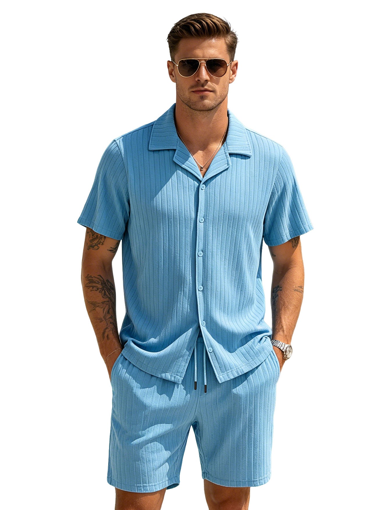 Men's Casual Button-Down Shirt and Shorts Set
