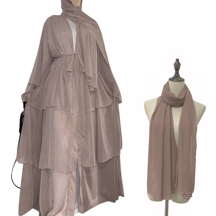 stitching three-layer chiffon elegant cardigan dress robe