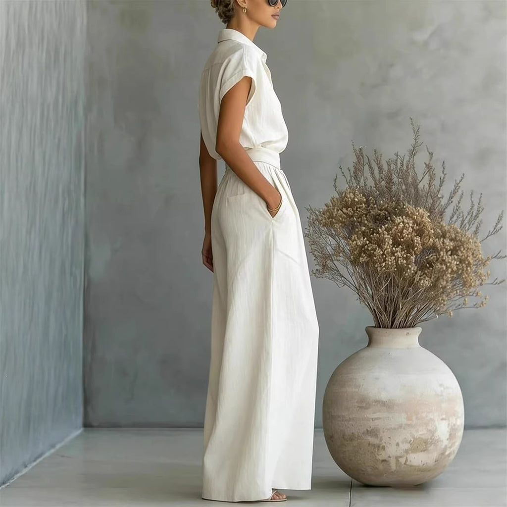New Fashion Spring-Summer Casual Solid Shirt and Wide-Leg Pants Two-Piece Set