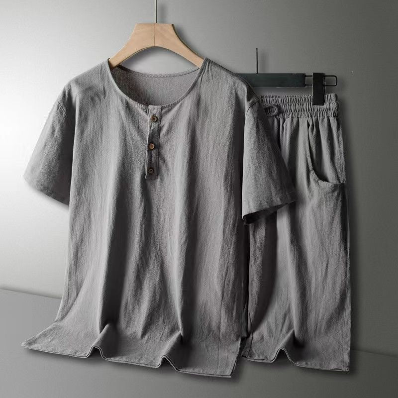 Mens Cotton Linen Casual Short Sleeve Set