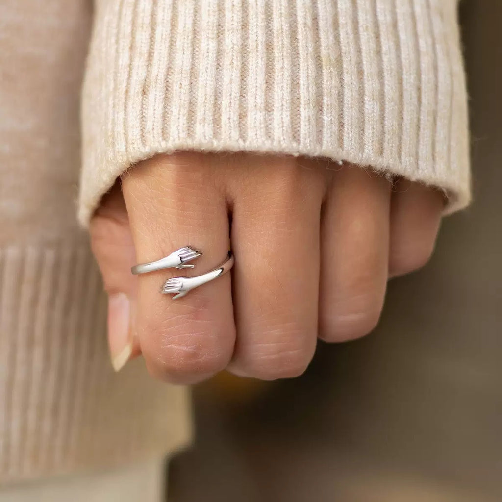 Adjustable S925 Sterling Silver Embracing Hands Ring for Women
