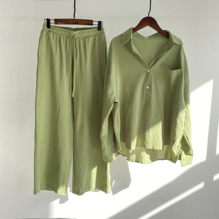 Women's Retro High Waist Cotton Linen Shirt and Pants Set