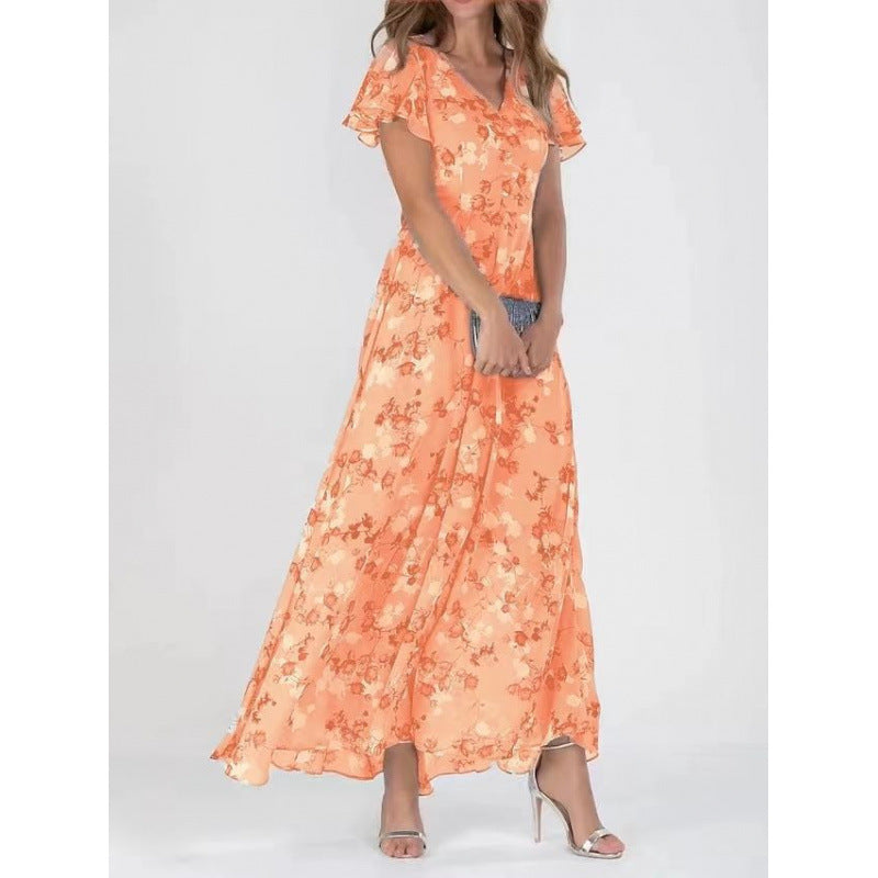 Floral Print Chiffon Ruffle Dress with V-Neck