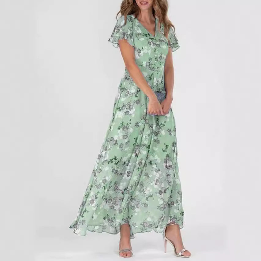 Floral Print Chiffon Ruffle Dress with V-Neck