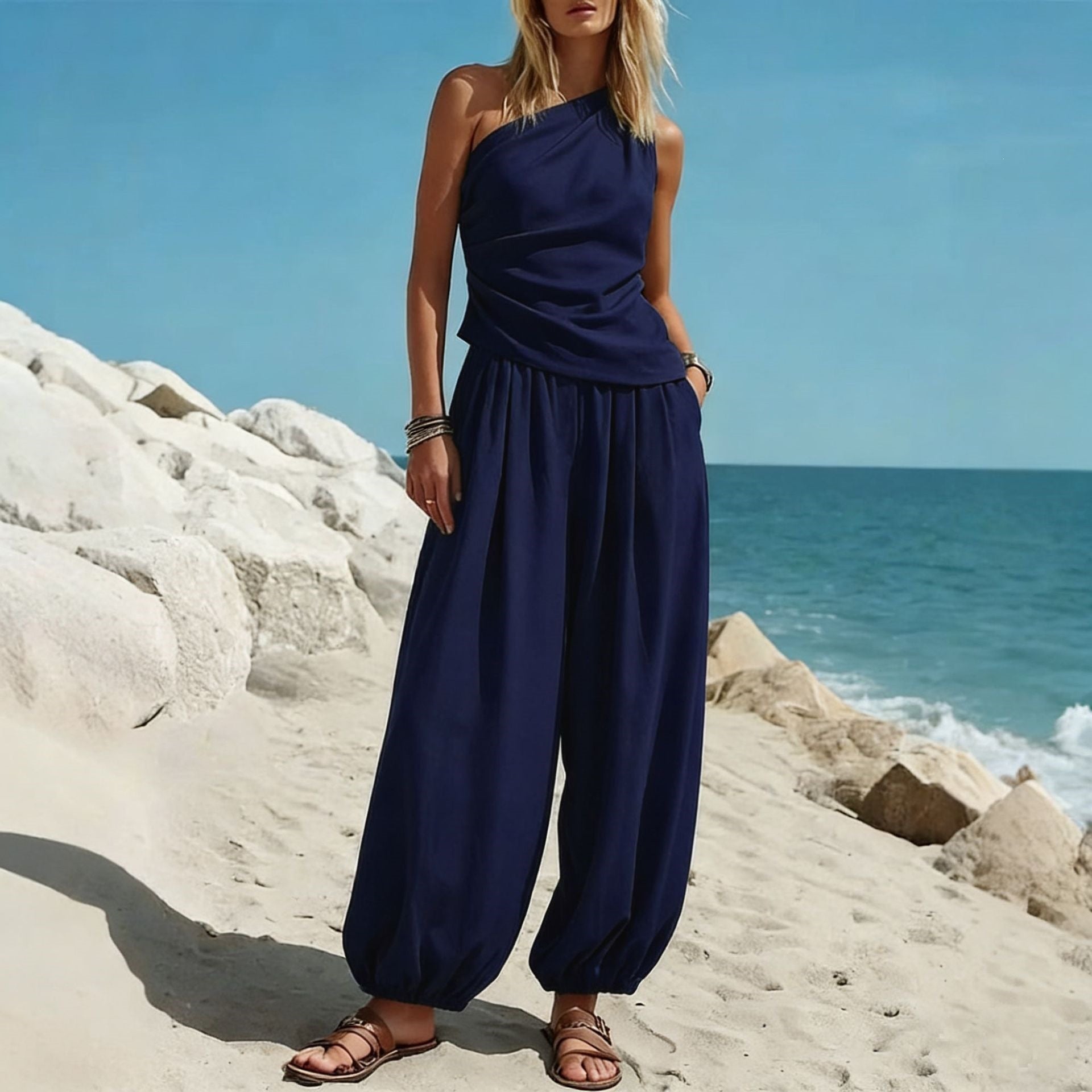 Sleeveless Vest and High Waist Loose Pants Set