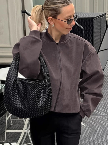 Womens Retro Suede Stand Collar Zipper Jacket