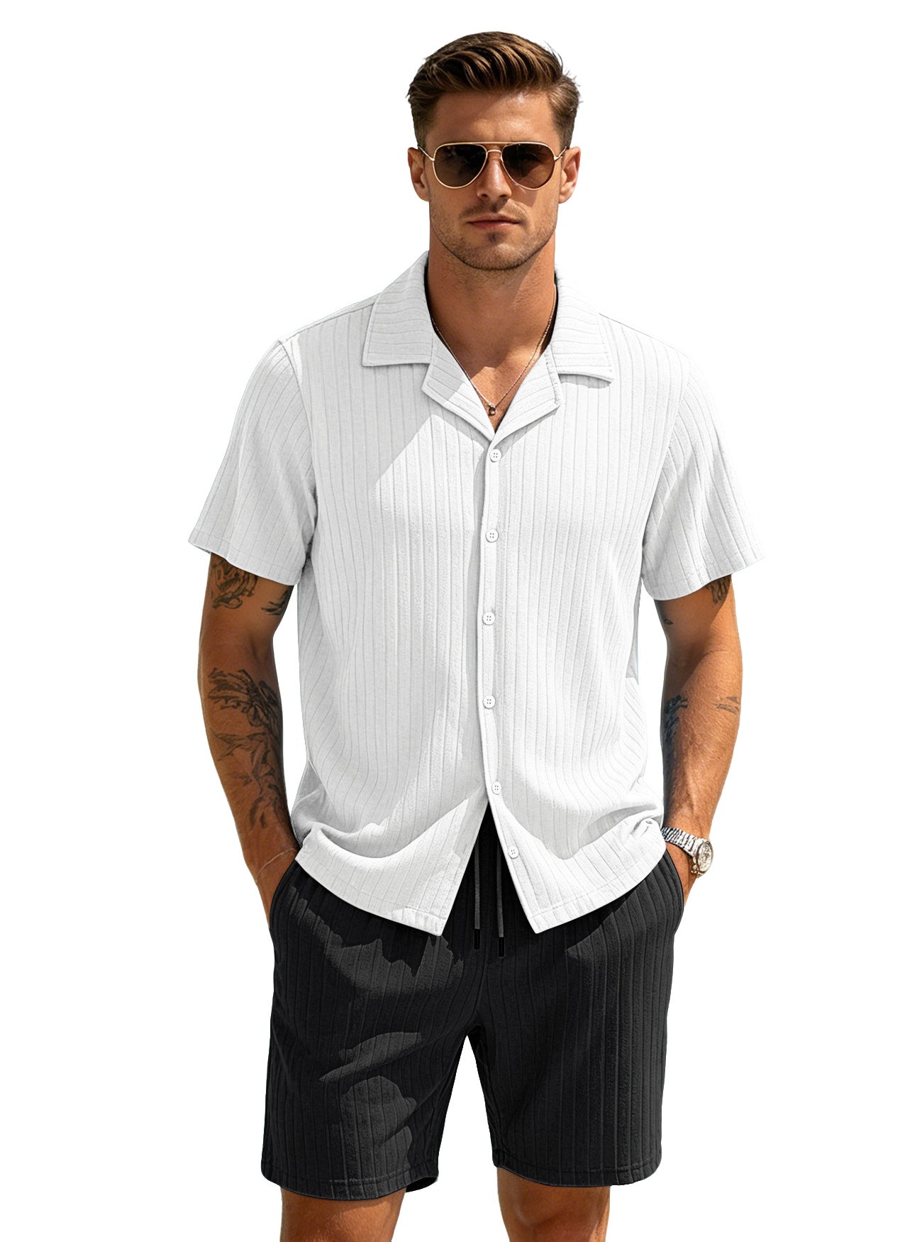 Men's Casual Button-Down Shirt and Shorts Set