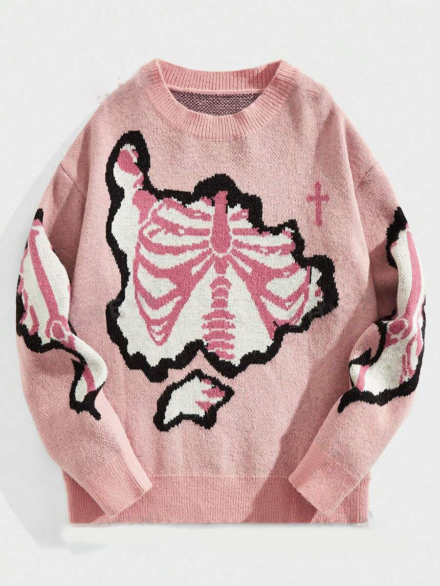 Faux Knit Skeleton Jacquard Pullover Sweater