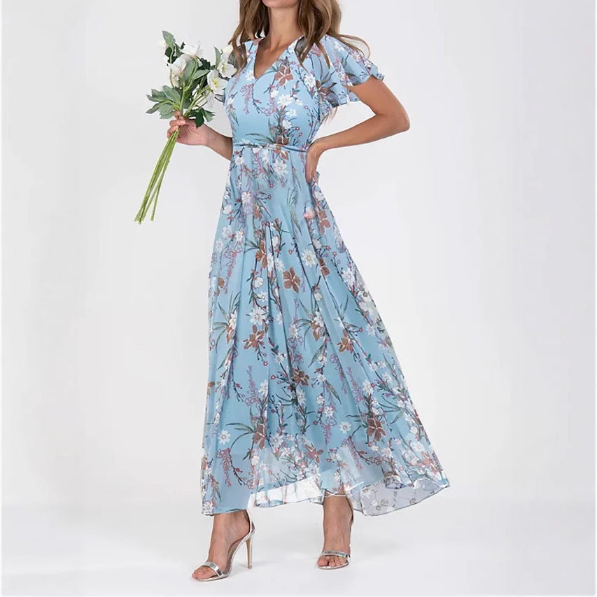 Floral Print Chiffon Ruffle Dress with V-Neck