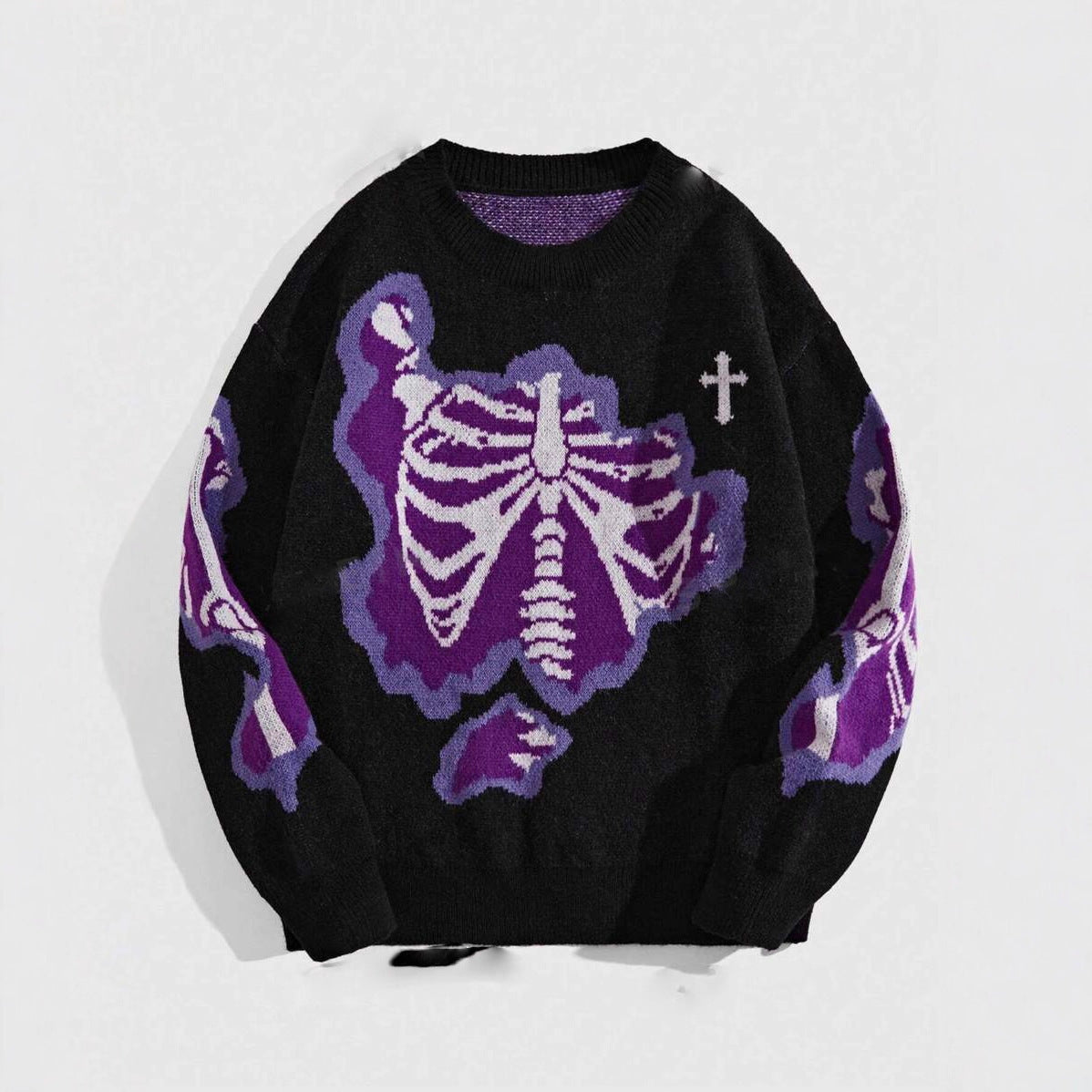 Faux Knit Skeleton Jacquard Pullover Sweater