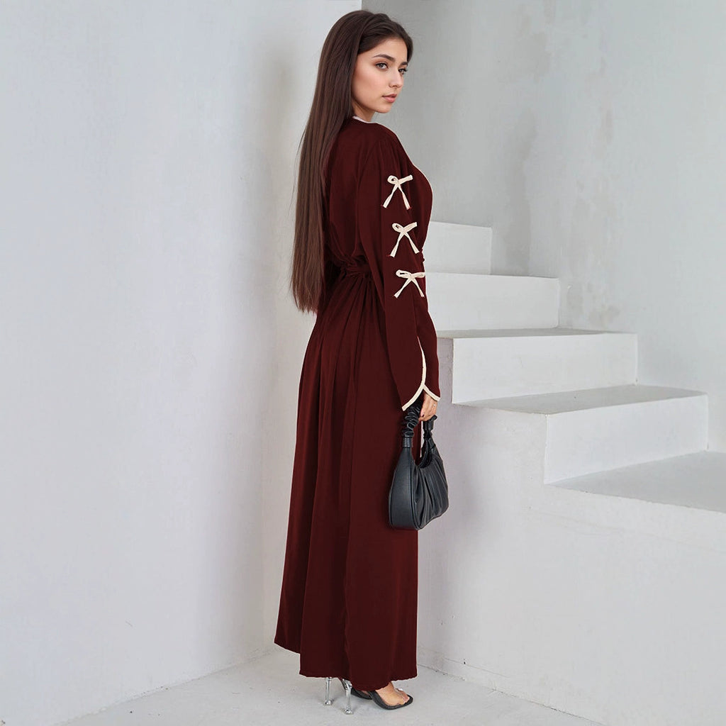 Elegant Muslim Long Robe with Bow Belt