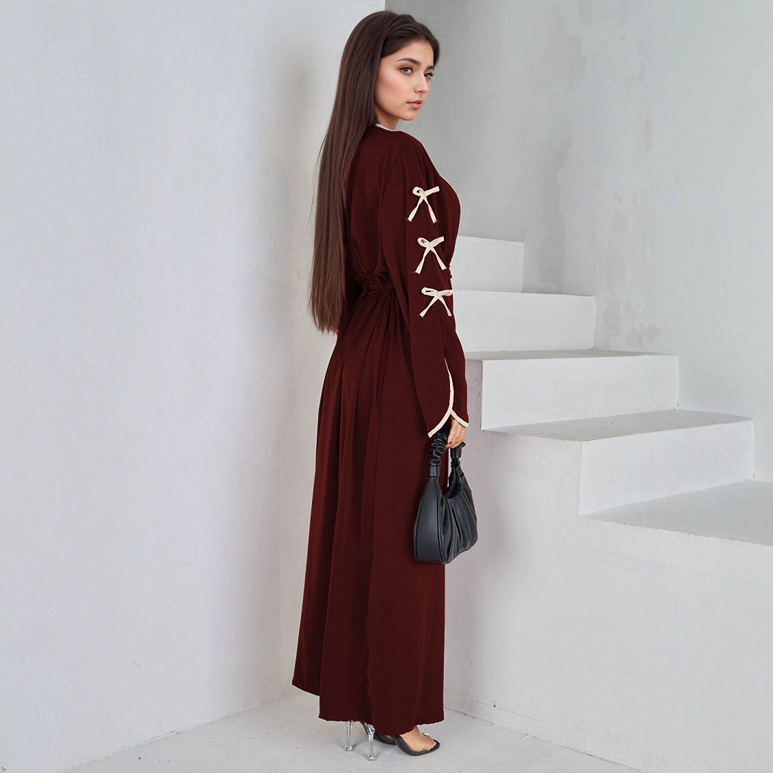 Elegant Muslim Long Robe with Bow Belt