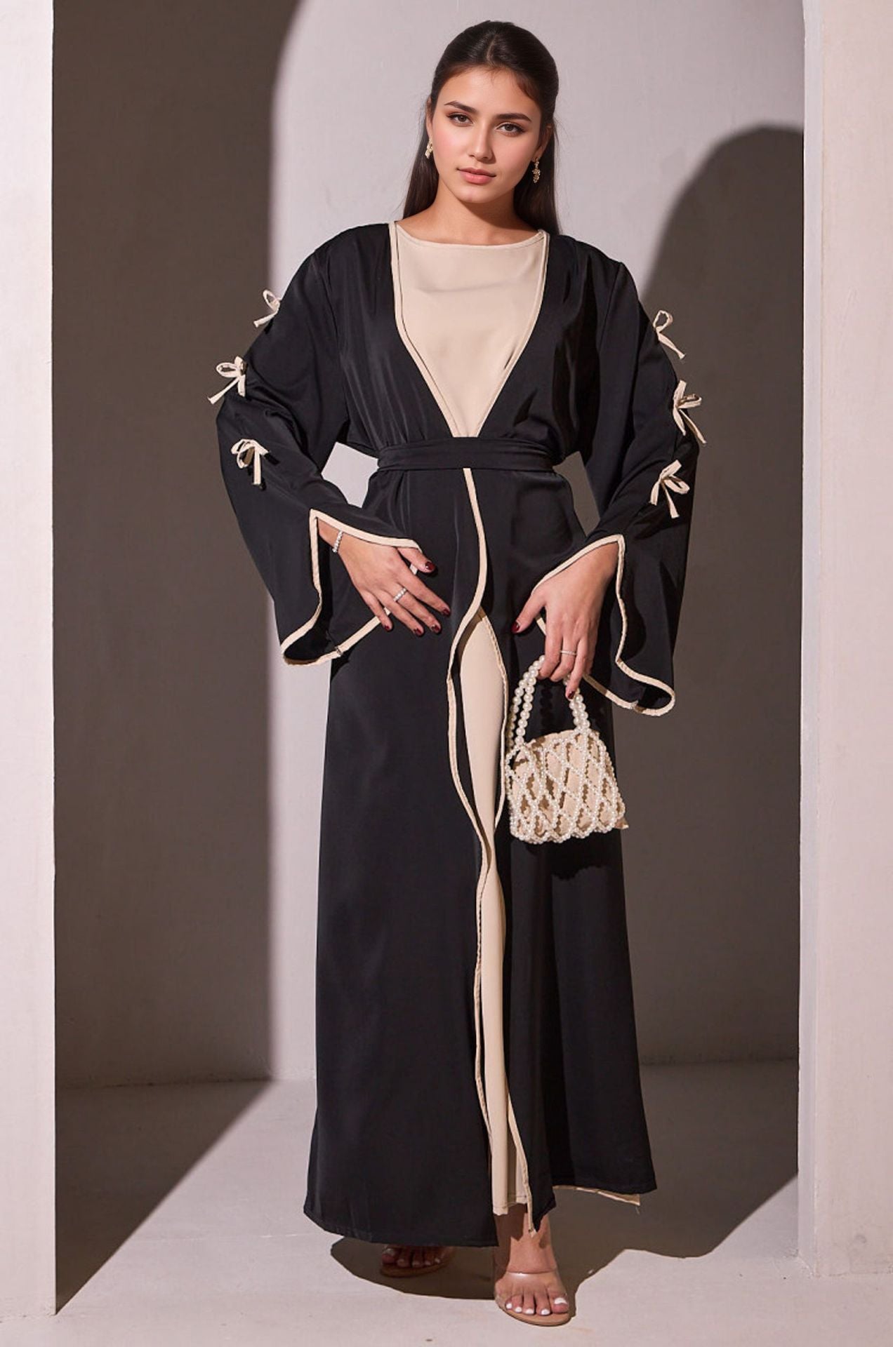 Elegant Muslim Long Robe with Bow Belt
