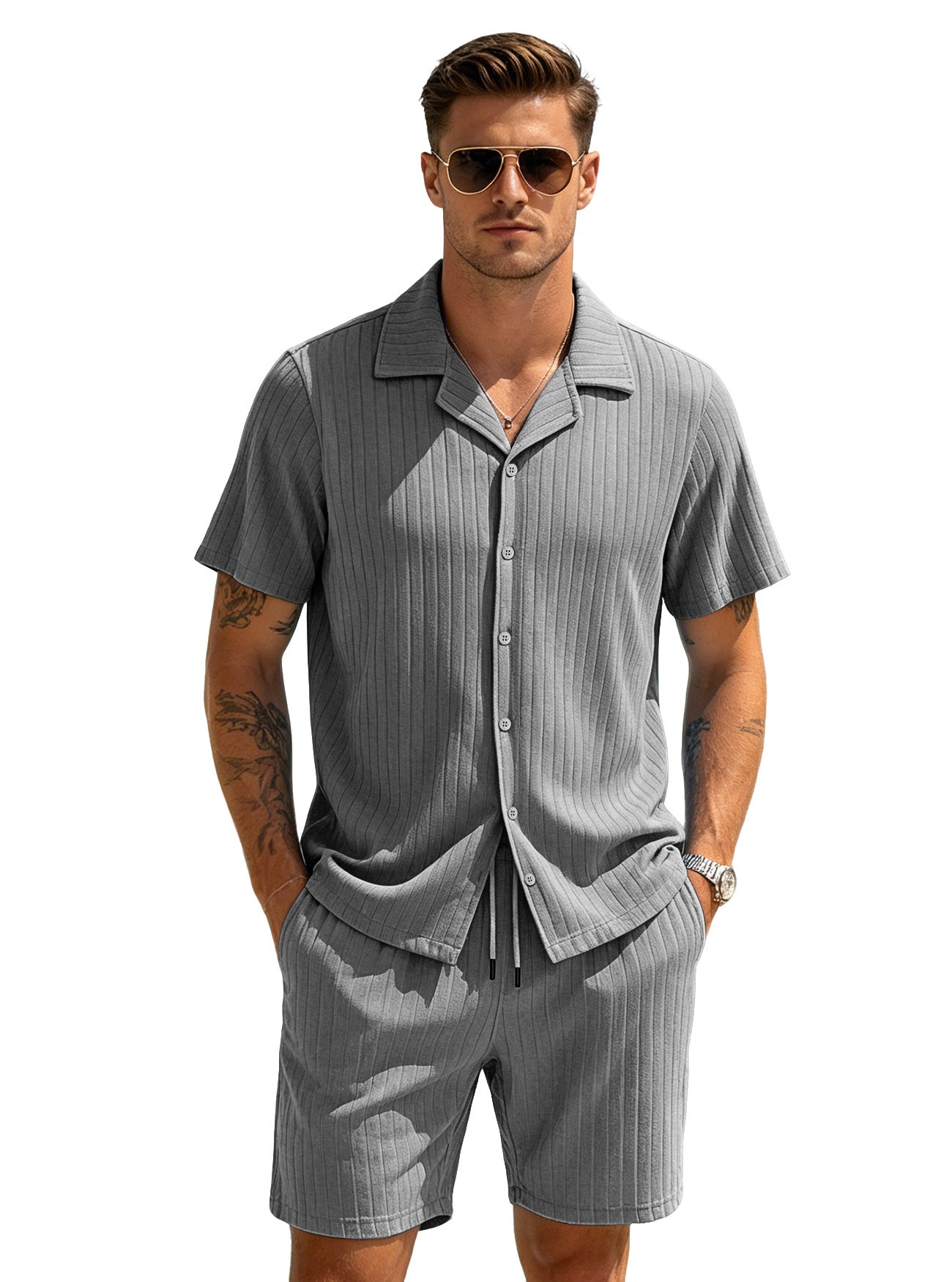Men's Casual Button-Down Shirt and Shorts Set