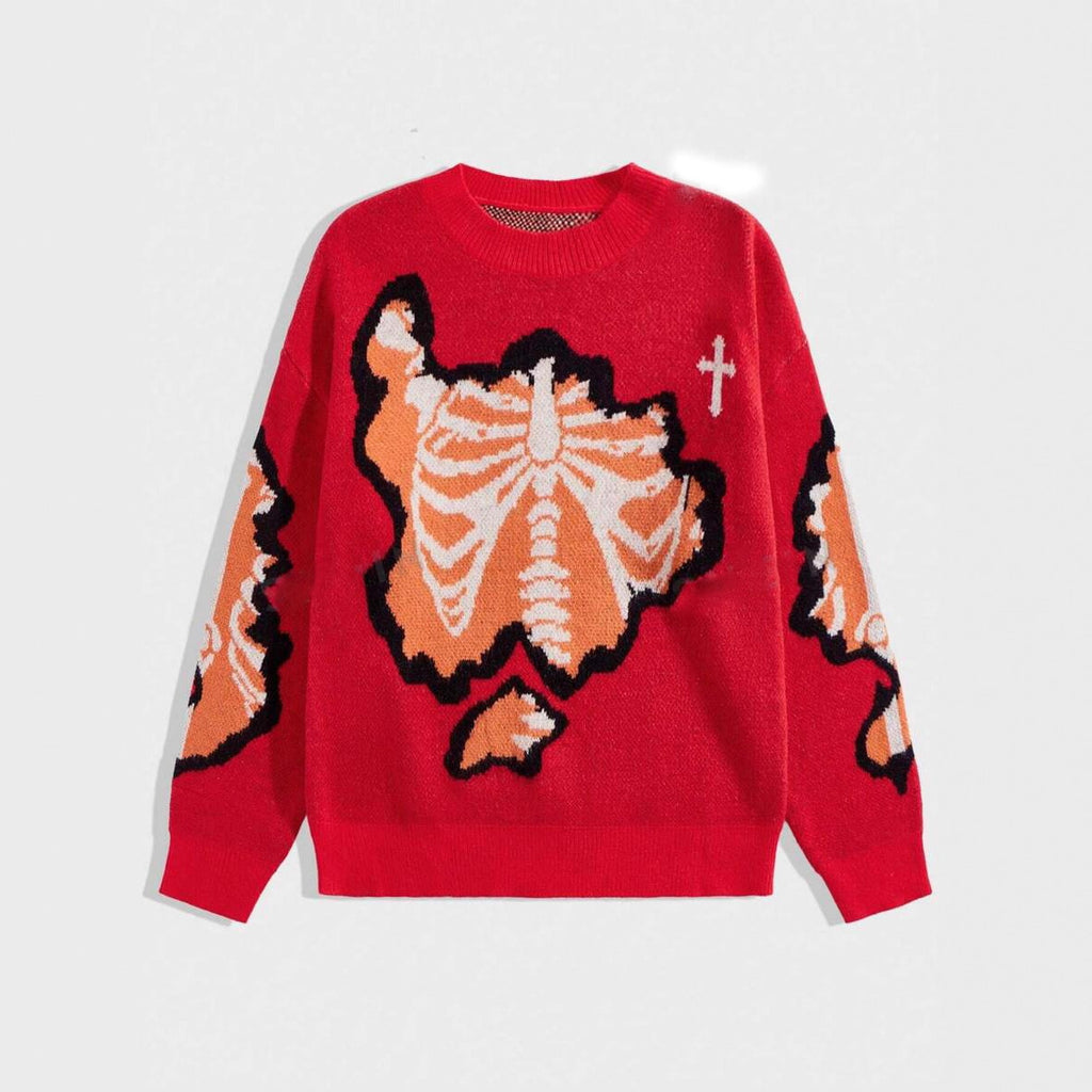 Faux Knit Skeleton Jacquard Pullover Sweater