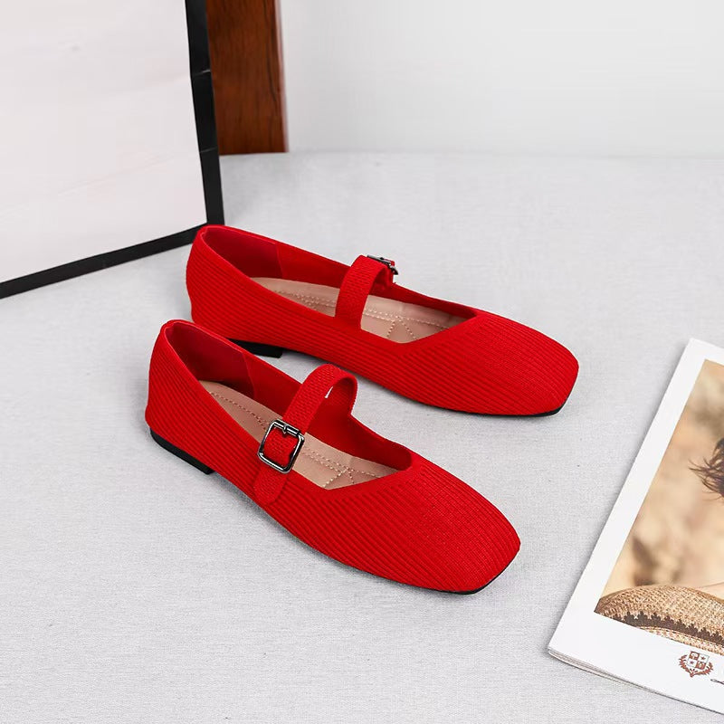 Square Toe Knitted Mary Jane Flat Shoes