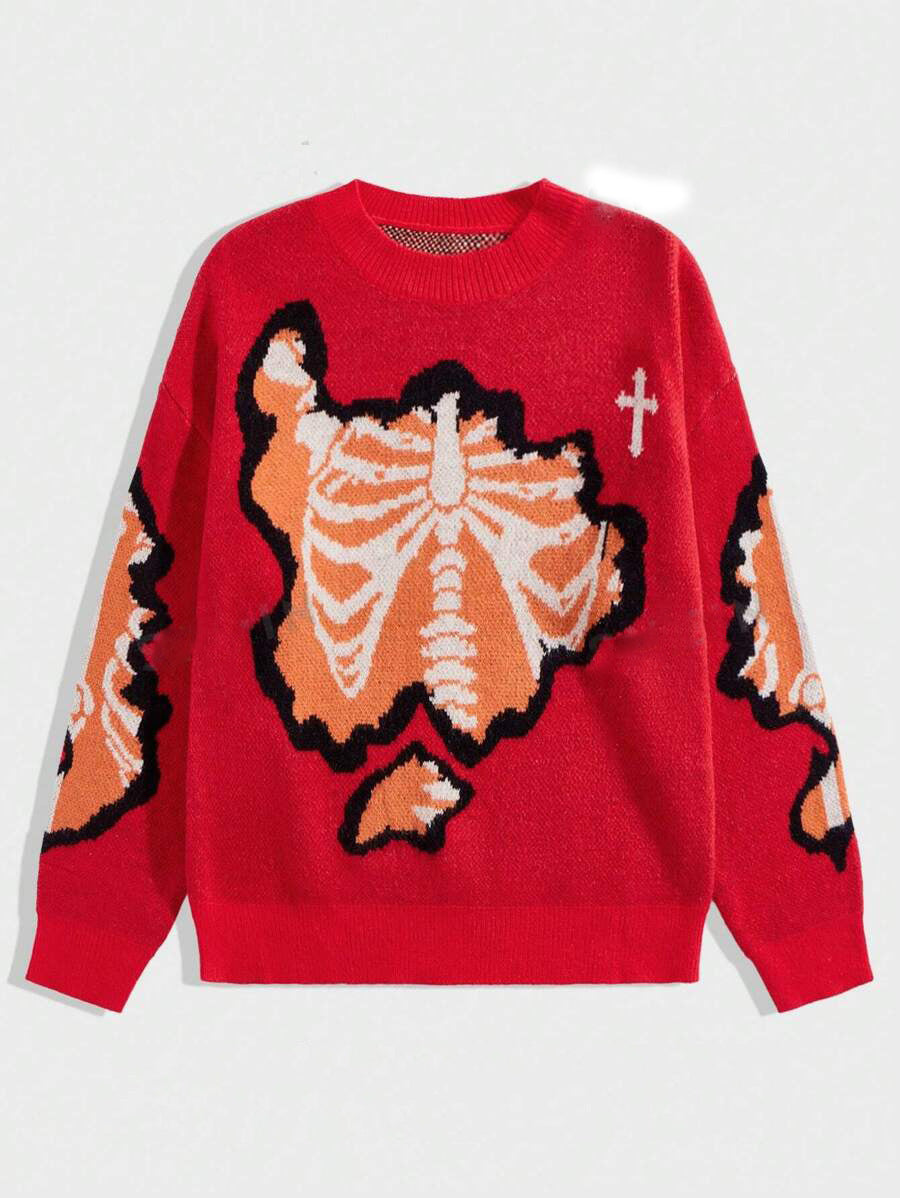 Faux Knit Skeleton Jacquard Pullover Sweater