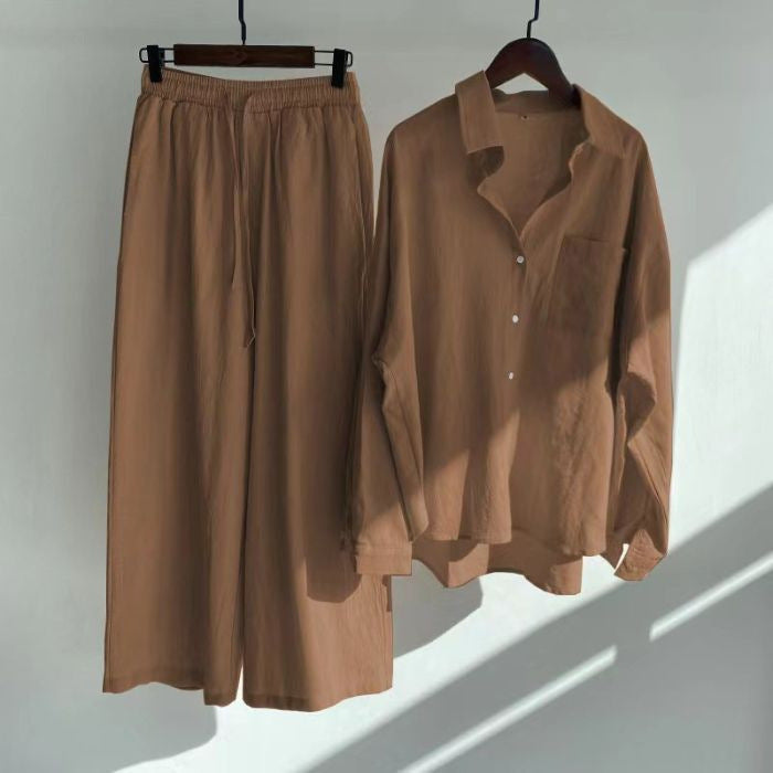 Women's Retro High Waist Cotton Linen Shirt and Pants Set
