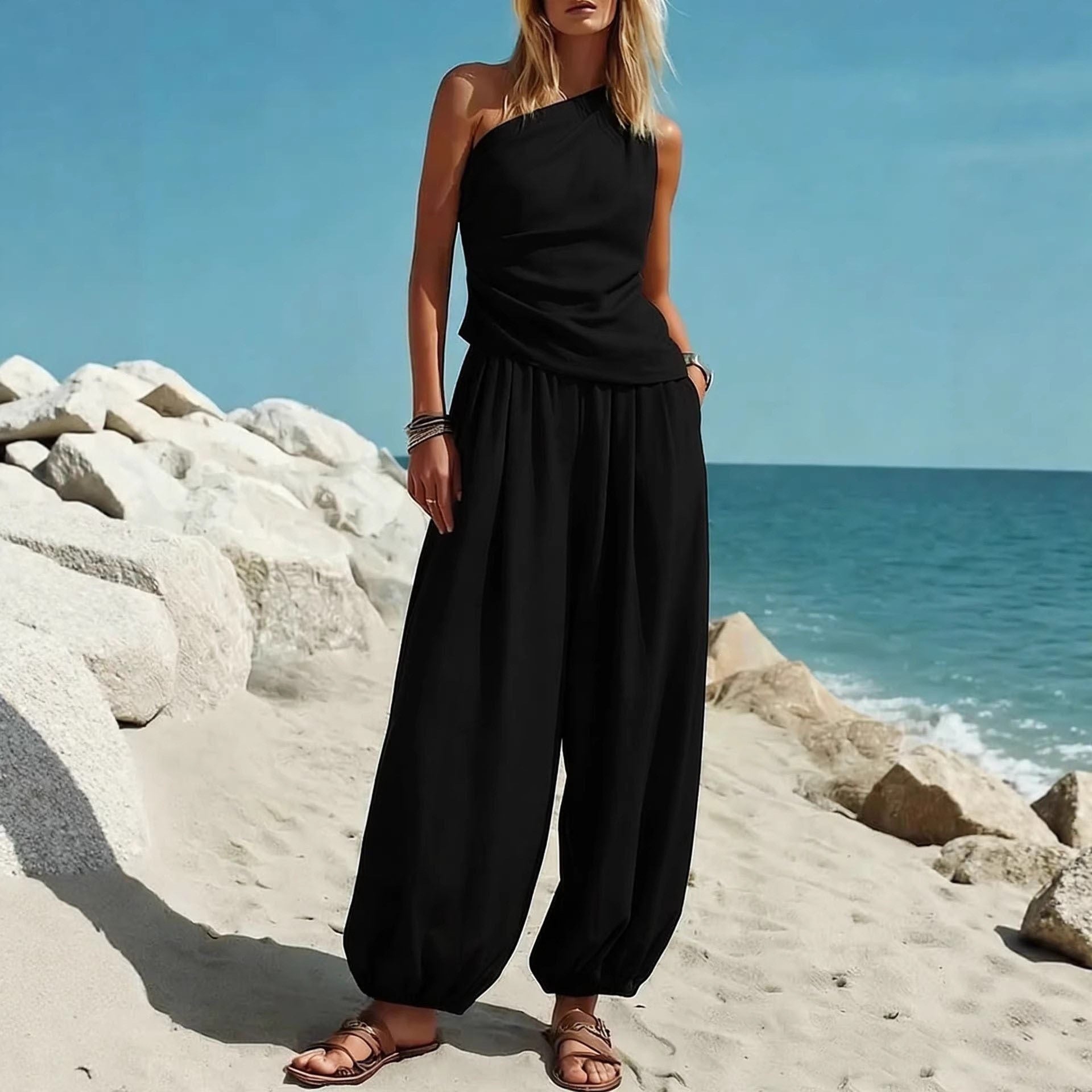 Sleeveless Vest and High Waist Loose Pants Set