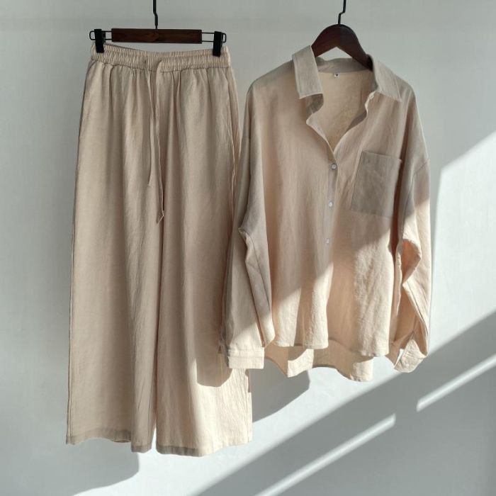 Women's Retro High Waist Cotton Linen Shirt and Pants Set