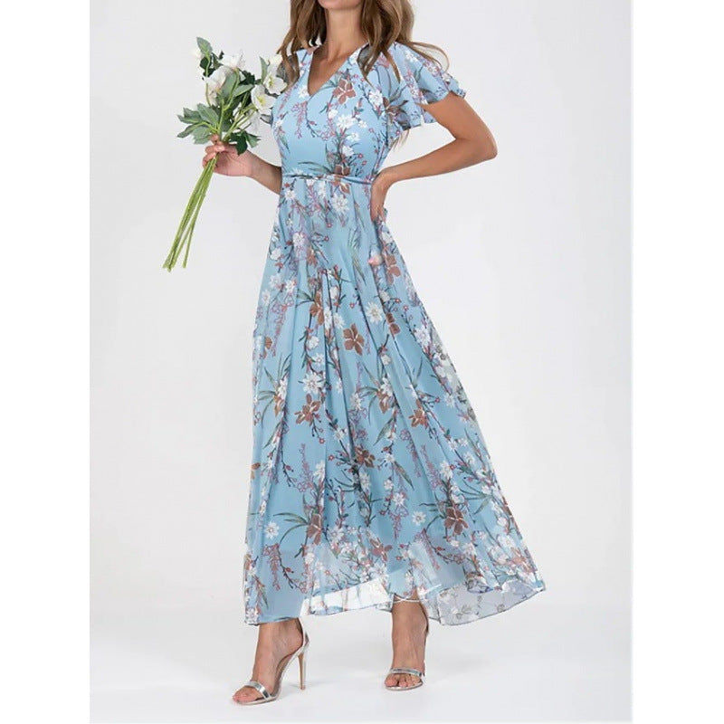Floral Print Chiffon Ruffle Dress with V-Neck