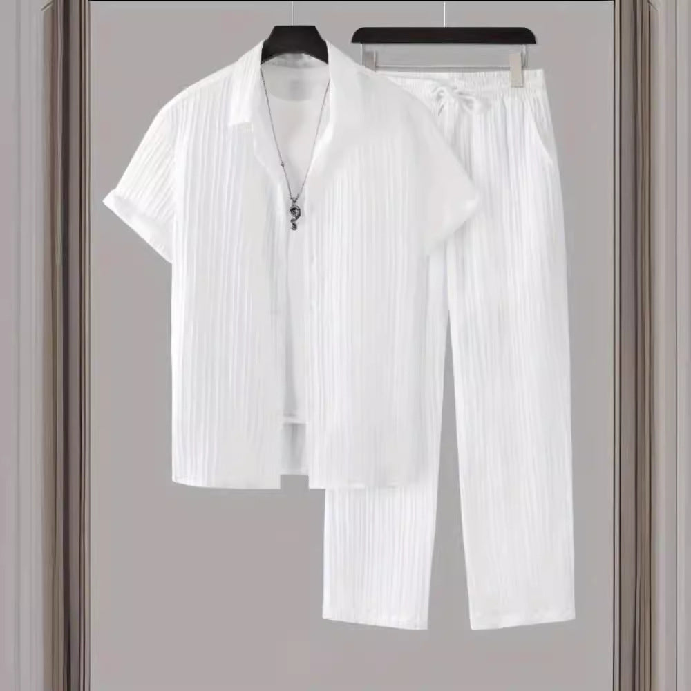 Men's Striped Short Sleeve Shirt and Drawstring Long Pants Casual Suit Set