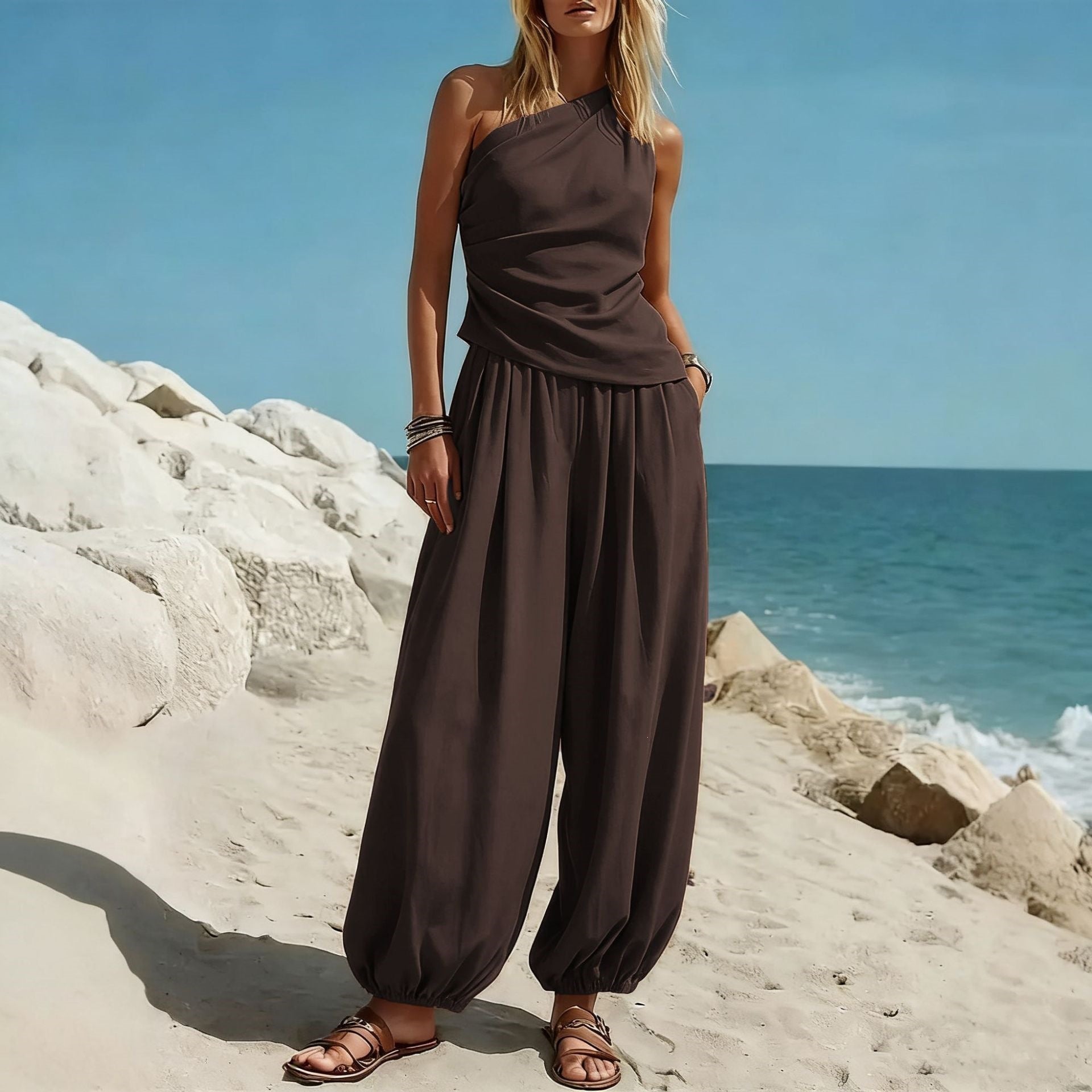 Sleeveless Vest and High Waist Loose Pants Set
