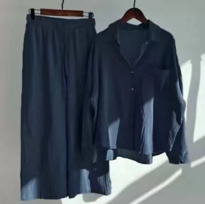 Women's Retro High Waist Cotton Linen Shirt and Pants Set