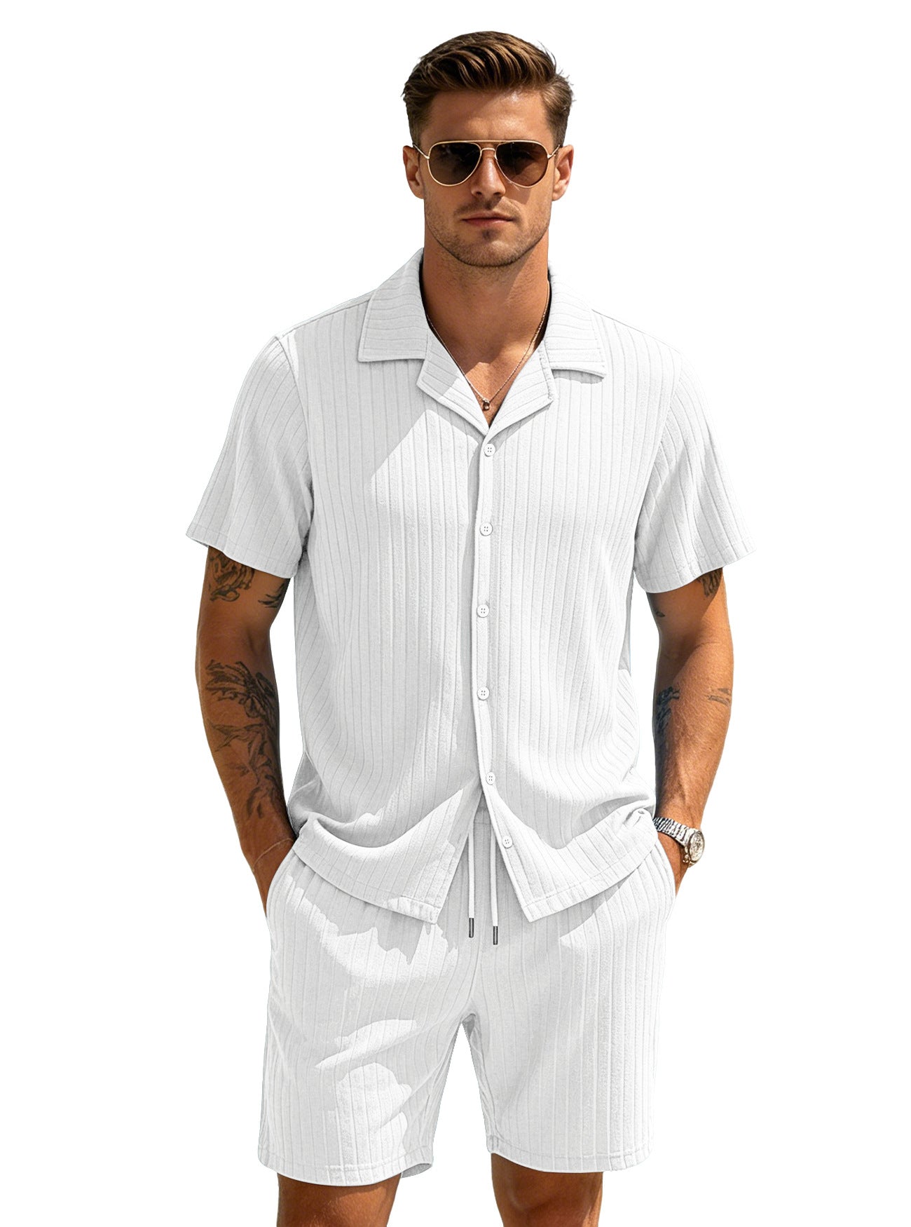 Men's Casual Button-Down Shirt and Shorts Set