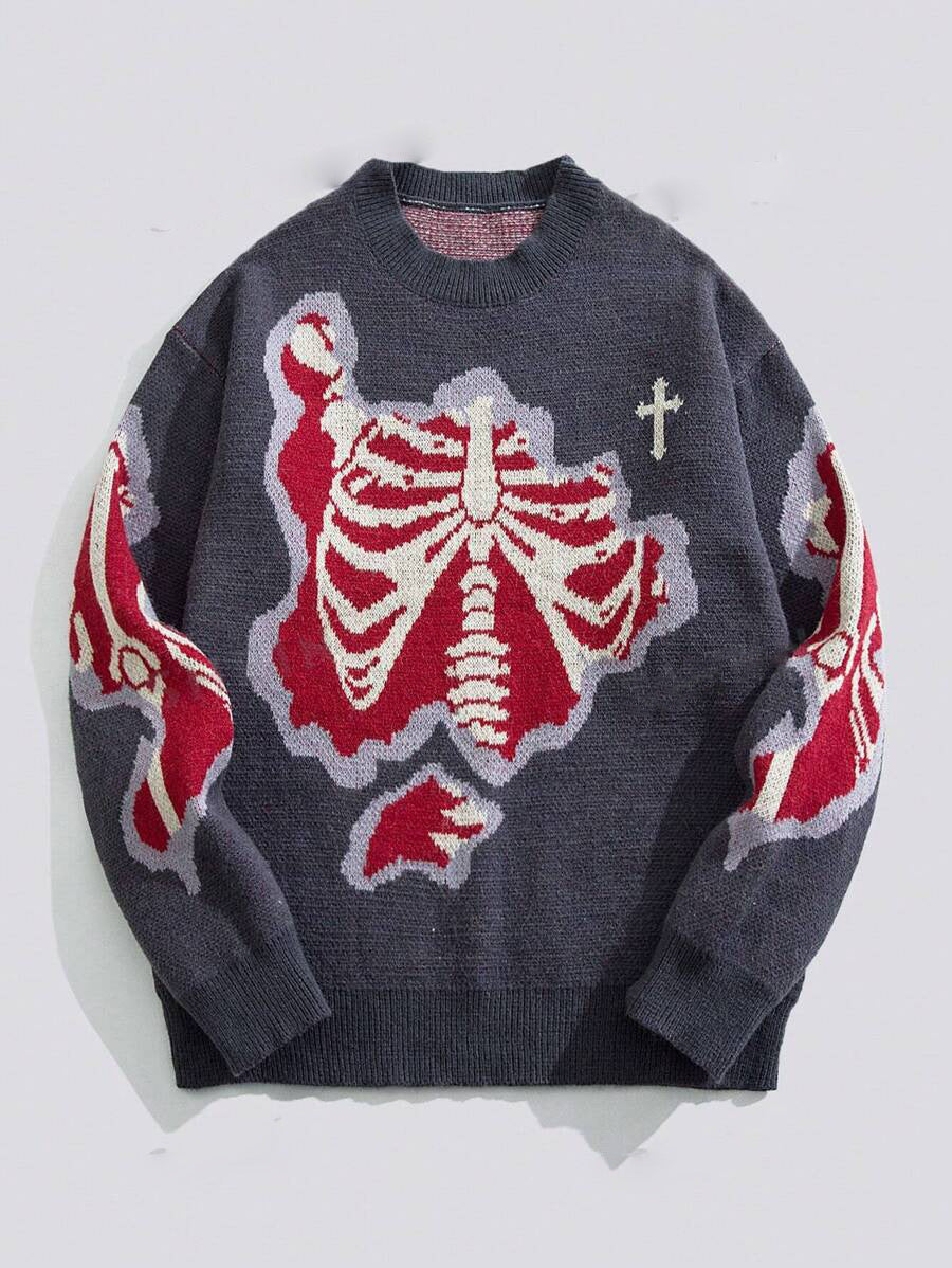Faux Knit Skeleton Jacquard Pullover Sweater